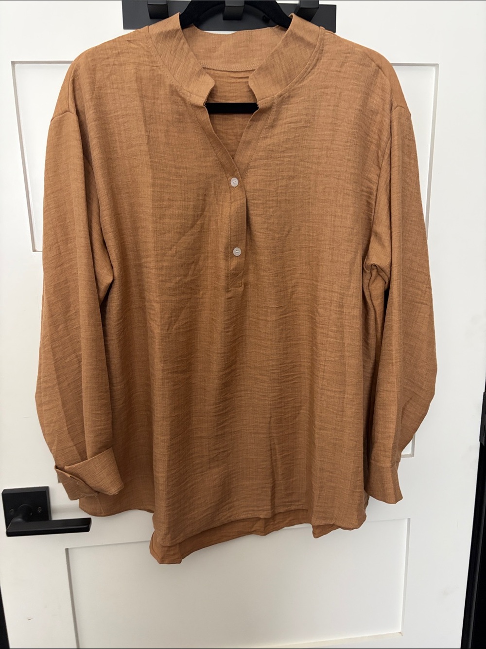 Womens Casual Mandarin Collar Button-Down Shirt in Camel Brown